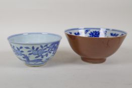 A Chinese blue and white porcelain rice bowl with peach tree and deer decoration, and a copper