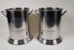 A pair of chrome plated metal wine coolers engraved Louis Roederer, 10" high