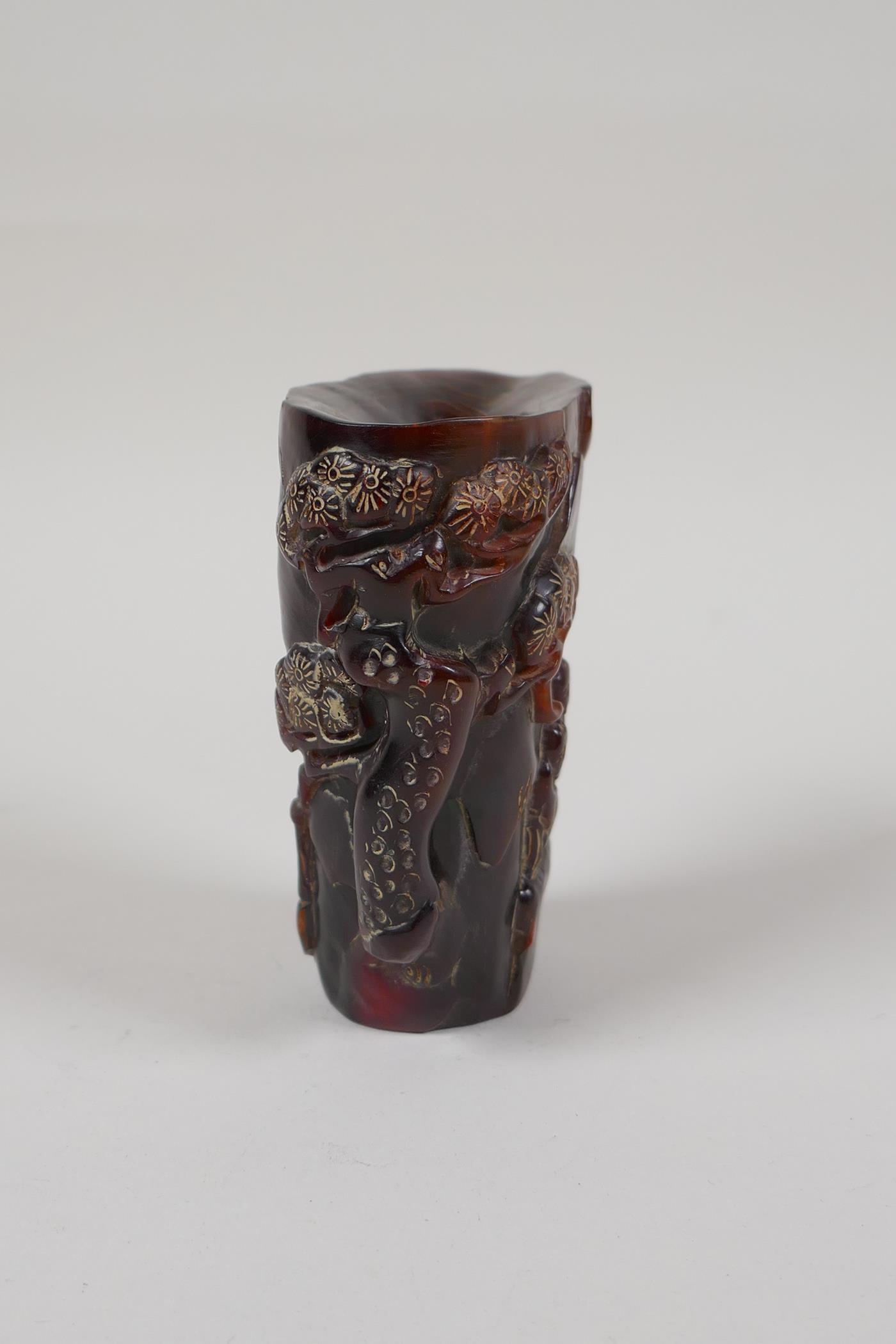 A Chinese carved horn libation cup, decorated with figures beneath trees, inscribed 4 character mark - Image 4 of 6