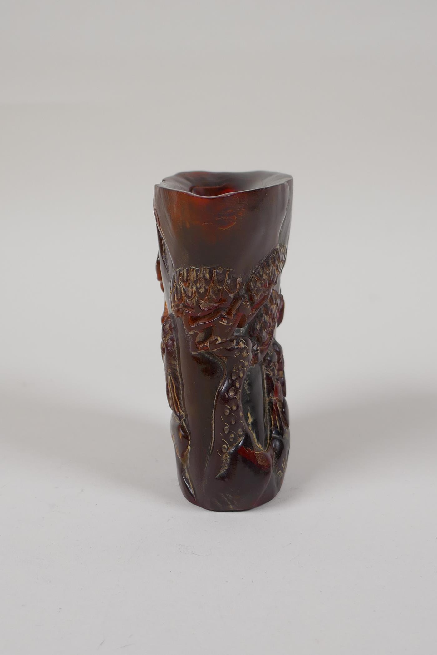 A Chinese carved horn libation cup, decorated with figures beneath trees, inscribed 4 character mark - Image 2 of 6