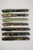 Seven Swan Mabie Todd fountain pens including four self fillers, and three leverless, all with