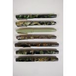 Seven Swan Mabie Todd fountain pens including four self fillers, and three leverless, all with