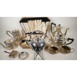 A four piece silver plate tea set, a spirit kettle, AF, and a silver plated server, canteen etc