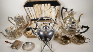 A four piece silver plate tea set, a spirit kettle, AF, and a silver plated server, canteen etc