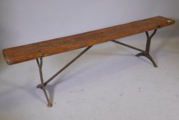Industrial pine bench with wrought iron supports, late C19th, 72" x 10" x 19"