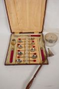 An Art Deco cased set of 'Berry' coffee spoons, jam spoon, butter knife and pickle fork, a