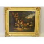 After George Morland, Gypsy Encampment, C19th oil on canvas in a period giltwood and composition