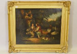 After George Morland, Gypsy Encampment, C19th oil on canvas in a period giltwood and composition