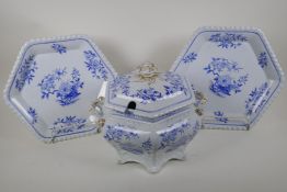 A C19th J.W. Ridgway stone china soup tureen with blue and white floral decoration, the knop and