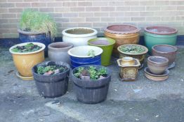 A quantity of ceramic garden pots, largest 16" high, and two wood planters