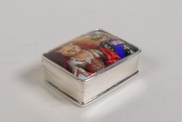 A sterling silver pill box set with a humorous cold enamel plaque depicting cat monarchs, 1" x 1½"