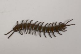 A Japanese style articulated bronze okimono centipede, 6" long