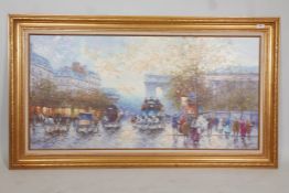 Parisian street scene, oil on canvas, unsigned. 48" x 24". Late C20th