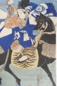 A Japanese Meiji woodblock print of a warrior on horseback, 9" x 13"