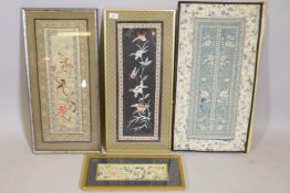 Four Chinese embroideries on silk, largest 14" x 28"