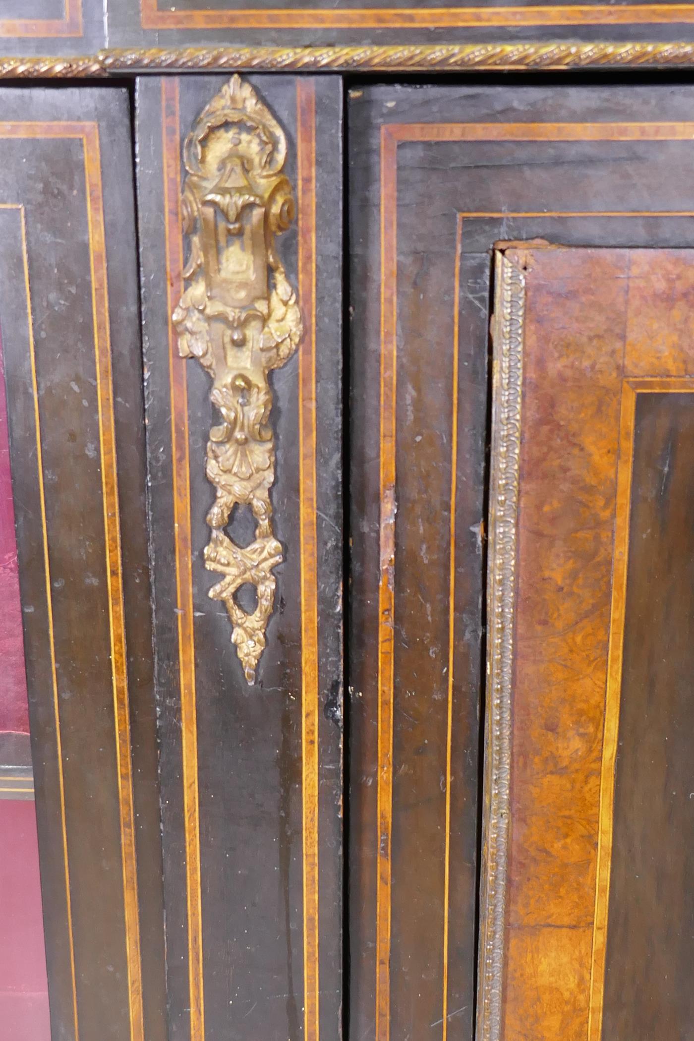 A C19th ebonised and inlaid credenza with brass mounts and inset Sevres style painted plaques, two - Image 2 of 7