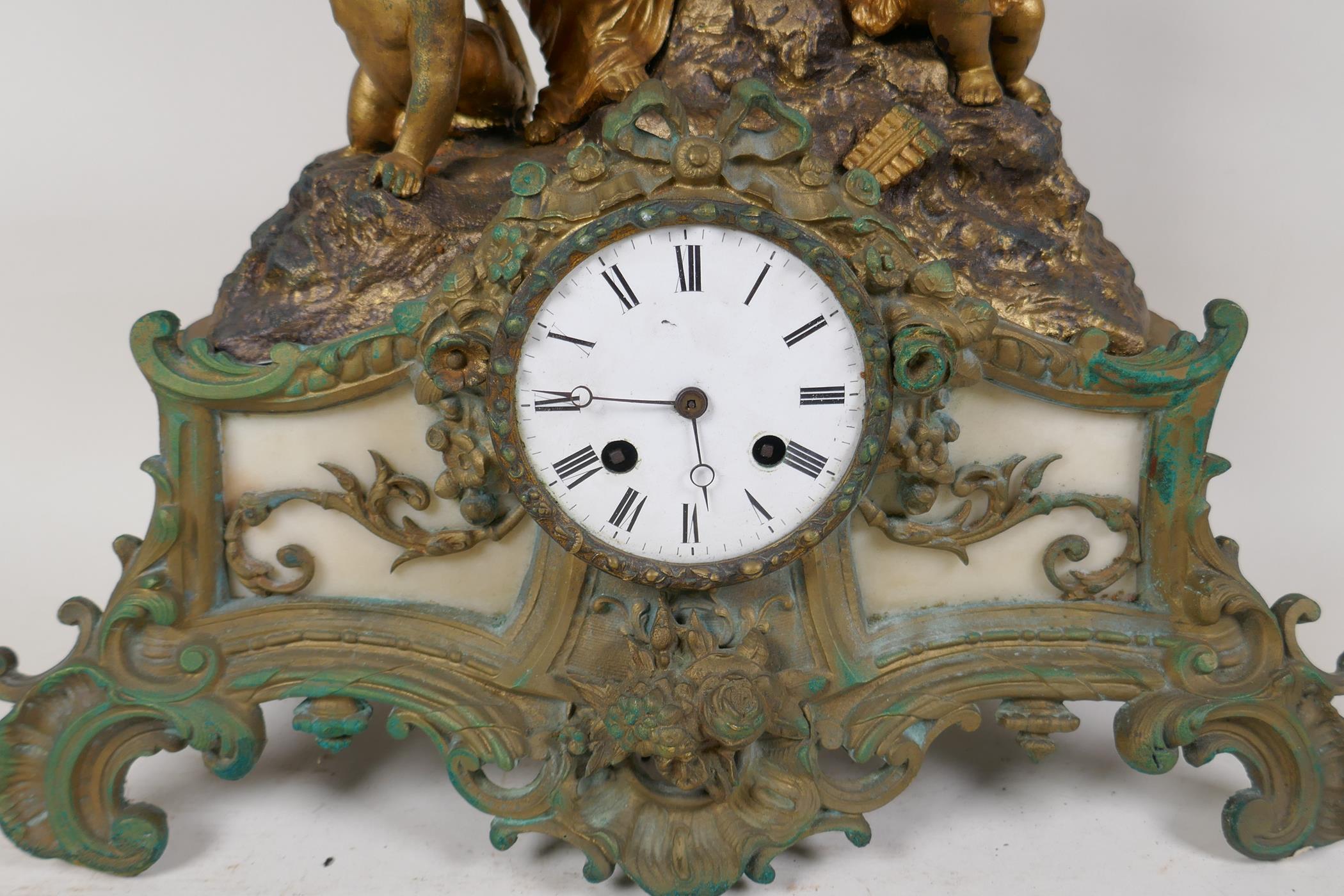 A C19th French spelter mantel clock adorned with Baccanalian figures, with twin train movement - Image 3 of 5