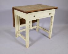 A pine scullery table, with single drawer and fold out top, 30" x 30" x 23", 42" extended