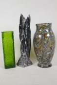 A glass vase with whorled multicolour decoration, 10" high, a Whitefriars style bark finish square