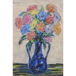 Impressionist style, vase of flowers, signed Priking (?), coloured crayon drawing, 16" x 13"