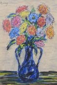 Impressionist style, vase of flowers, signed Priking (?), coloured crayon drawing, 16" x 13"