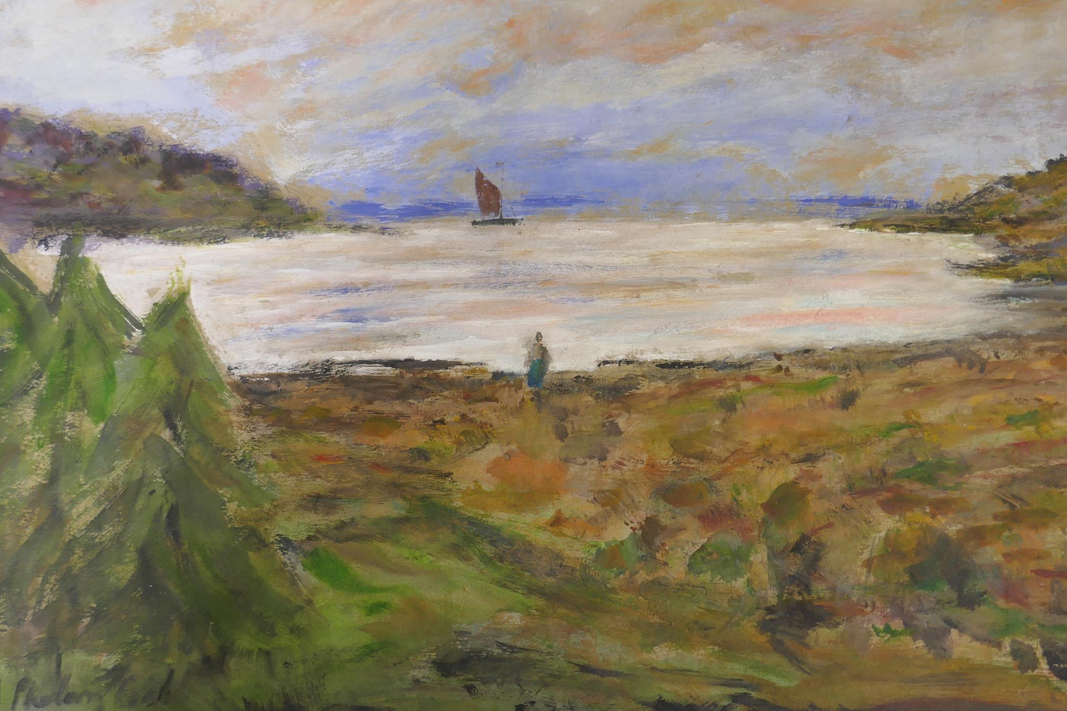 A coastal inlet, and a rocky coastal scene, both signed Phelan Gibb, unframed gouache paintings, - Image 3 of 3