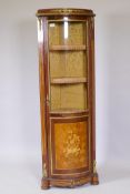 A French marquetry inlaid mahogany corner display cabinet with brass mounts, 20" x 59"