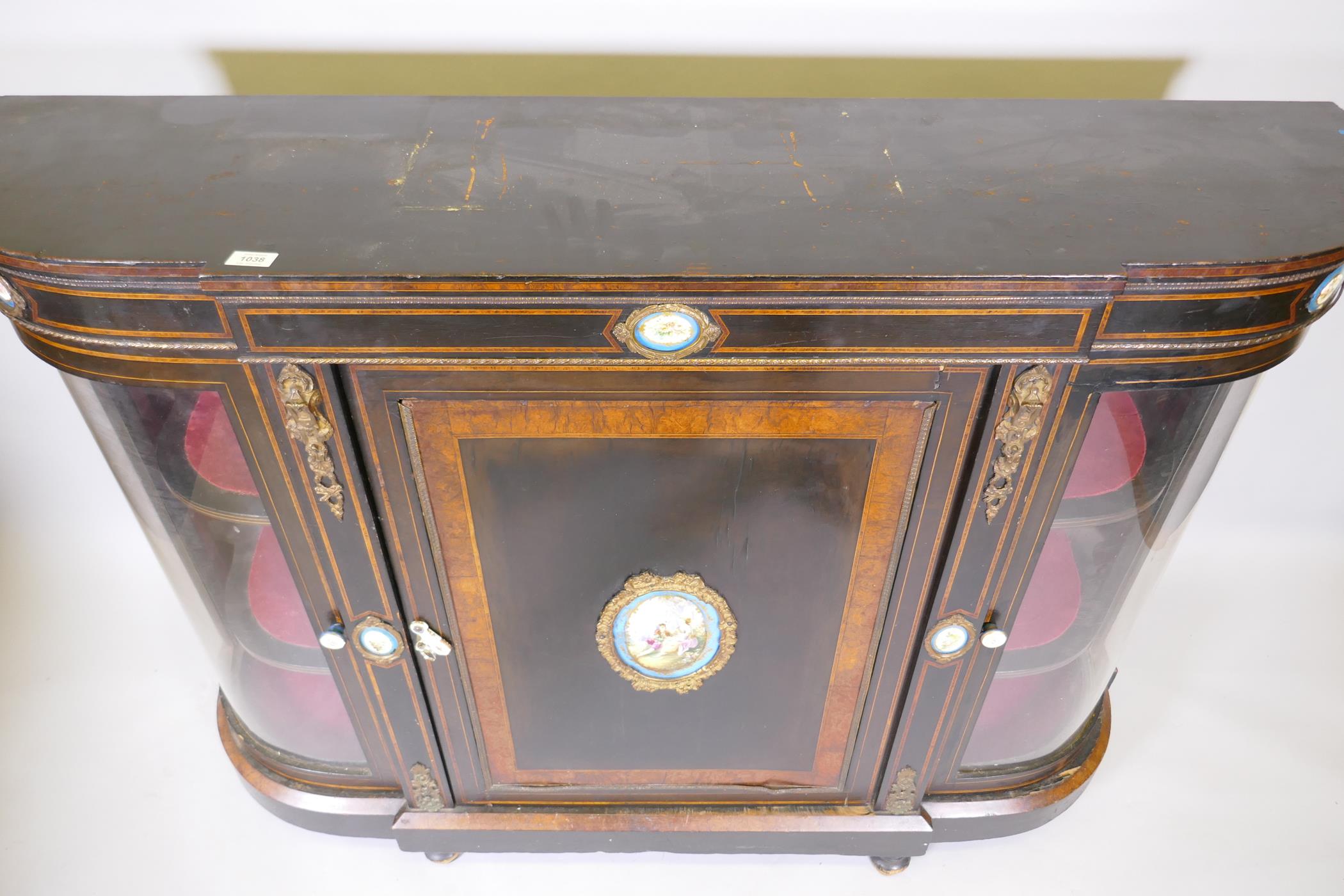 A C19th ebonised and inlaid credenza with brass mounts and inset Sevres style painted plaques, two - Image 6 of 7