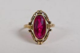 A Dutch 14ct yellow gold and ruby set lady's dress ring, size P
