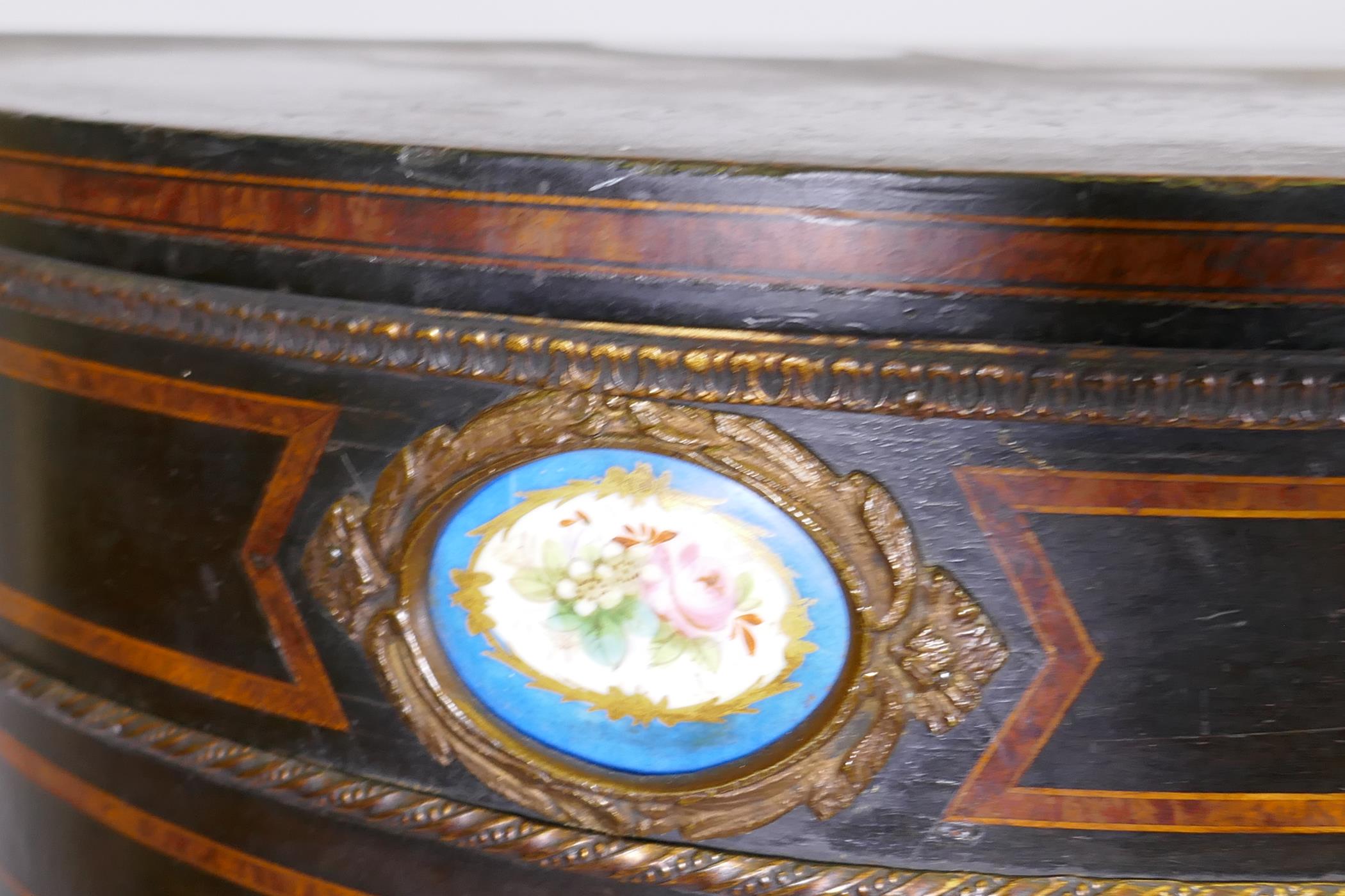 A C19th ebonised and inlaid credenza with brass mounts and inset Sevres style painted plaques, two - Image 5 of 7