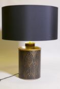 A contemporary toleware table lamp with brushed silk style shade, unused, 27" high, shade 22" wide