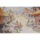 R.L. Manandhar, (Tibetan), Aftermath of an earthquake, signed and dated '15, watercolour, 29" x 22"