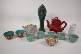 A quantity of Chinese items including a green hardstone carving of Buddha, redware and Yixing tea