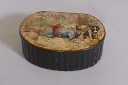 A C19th lacquer snuff box decorated with a girl and her dog, 2½" long