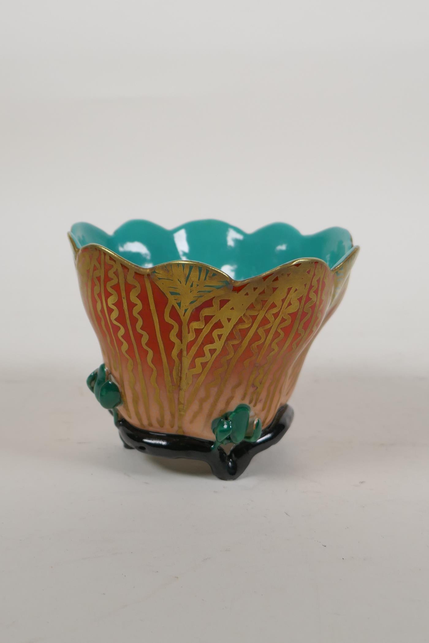A polychrome porcelain lotus flower shaped rice bowl on a root wood style tripod base, 4 character - Image 2 of 4