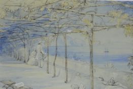Figures on a veranda overlooking a bay, bears signature Samuel Palmer verso, C19th watercolour,