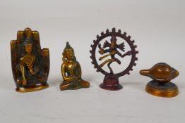Four Tibetan bronze items including two Buddha figures, a conch shell incense holder and a Shiva