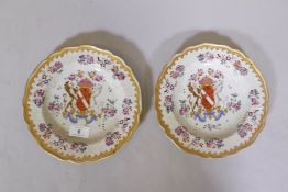 A pair of Chinese export armorial plates with bianco sopra bianco and gilt and enamel decoration, 9"