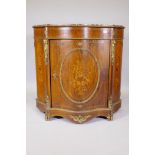 A French marquetry inlaid serpentine front rosewood cabinet with ormolu mounts and marble tops,