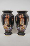 A pair of Falcon Ware 'Arabian' pattern hexagonal vases painted in bright enamels, 10" high