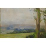 In the manner of A.J. Munnings, a landscape view, signed verso, gallery pierced and swept frame, oil