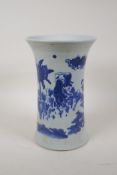 A Chinese blue and white porcelain vase of wasted form decorated with figures in a landscape, 10"