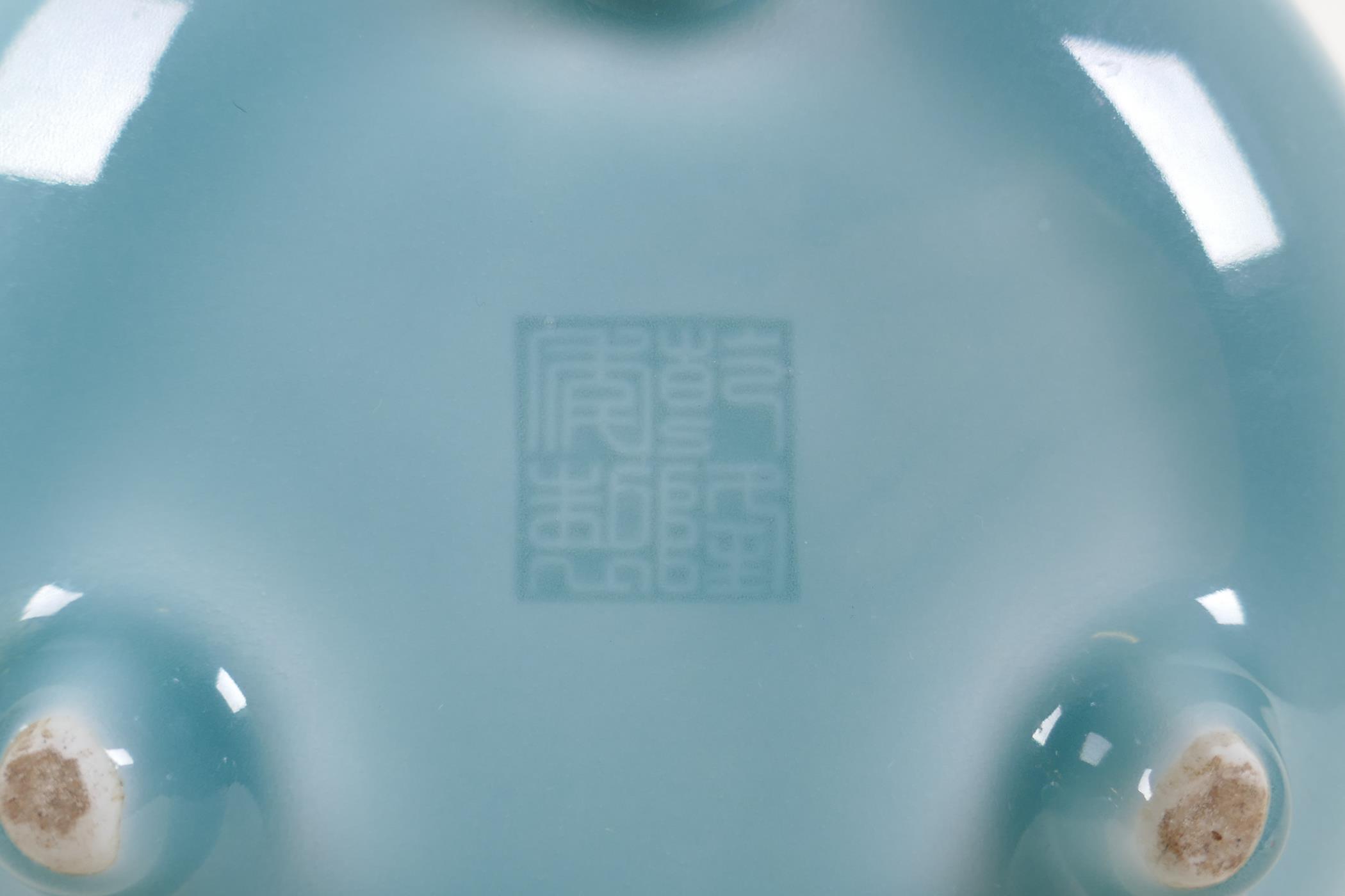 A duck egg blue glazed porcelain two handled censer on tripod supports, underglaze Chinese - Image 4 of 4