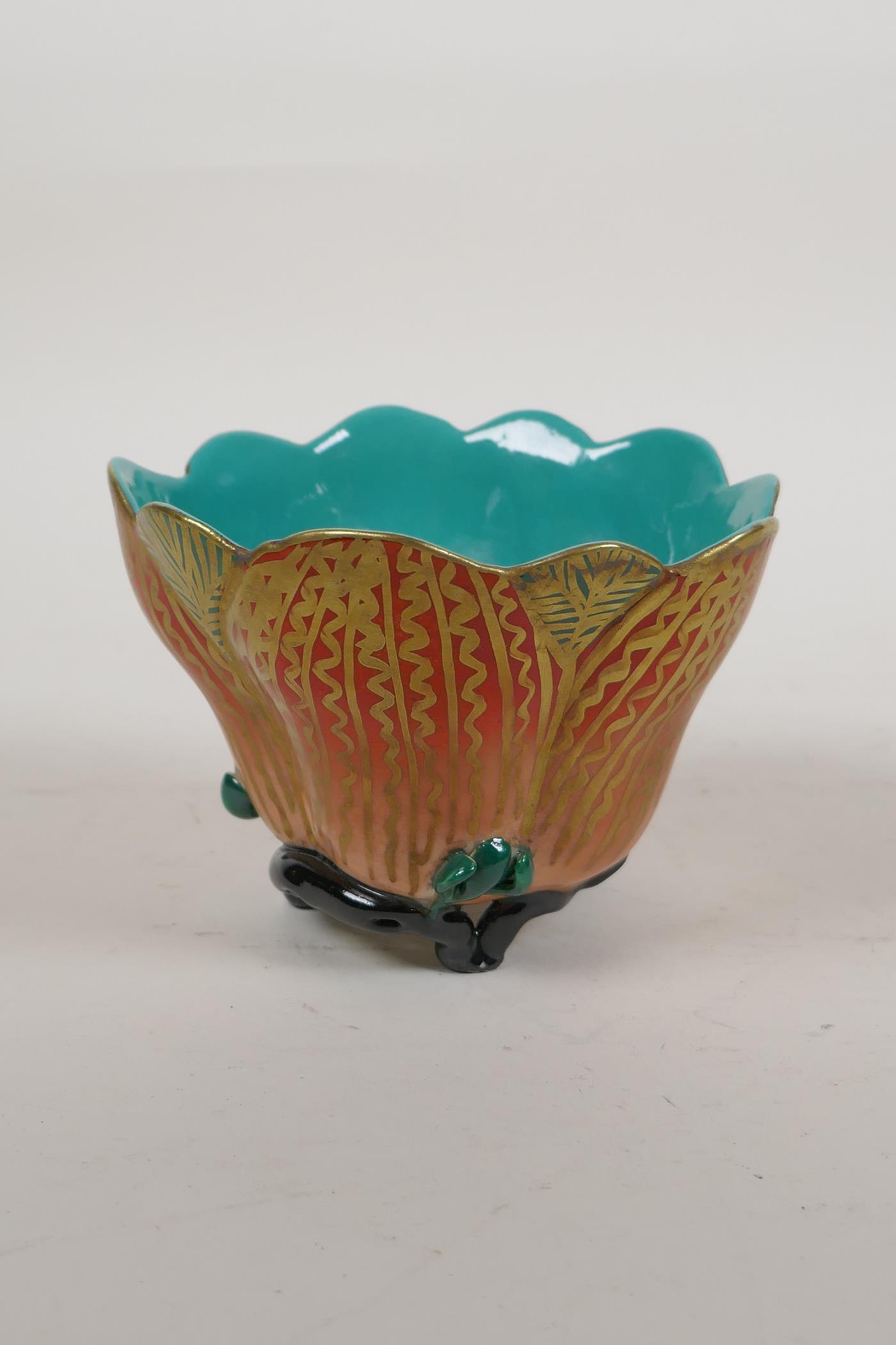 A polychrome porcelain lotus flower shaped rice bowl on a root wood style tripod base, 4 character - Image 3 of 4