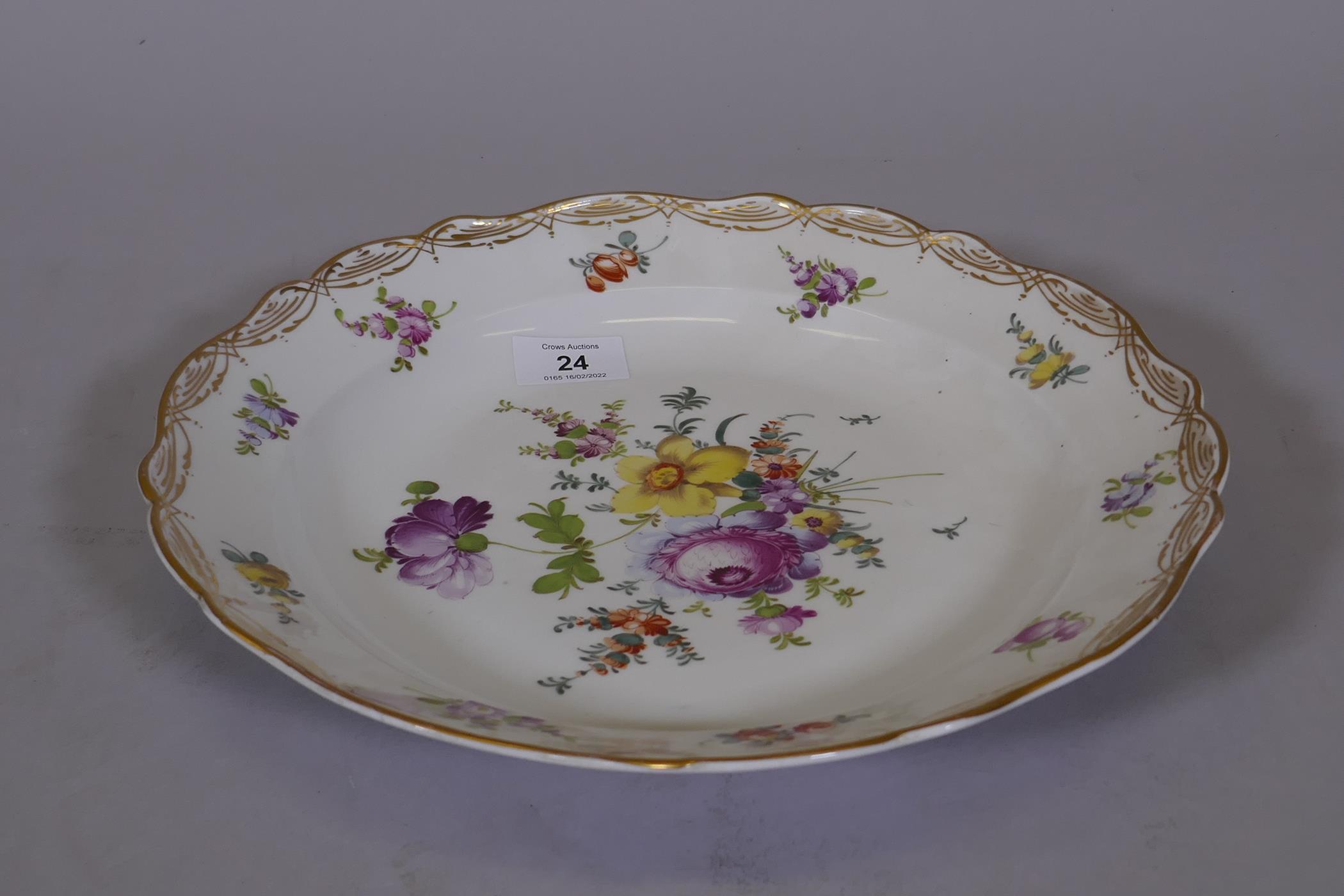 A Meissen shallow bowl with gilt borders and hand painted floral spray decoration, 12" diameter - Image 2 of 4
