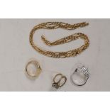 A 9ct gold flat link neck chain, 21" long, a 9ct gold signet ring and other scrap gold, 20g