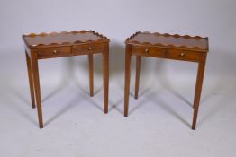 A pair of antique side tables with a shaped gallery tops and two drawers, 19" x 12½", 20½" high