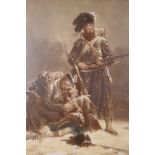 After Robert Gibb, 'Comrades, The 42nd Highlanders', overpainted print inscribed to mount 'The