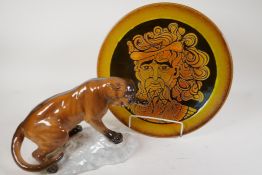 A Poole Pottery Aegean pattern charger decorated with a portrait of a man by L.J. Wills, 13½"
