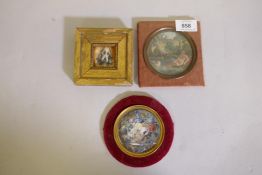 A miniature painting, still life, flowers, 3" diameter, an C18th overpainted engraving and a
